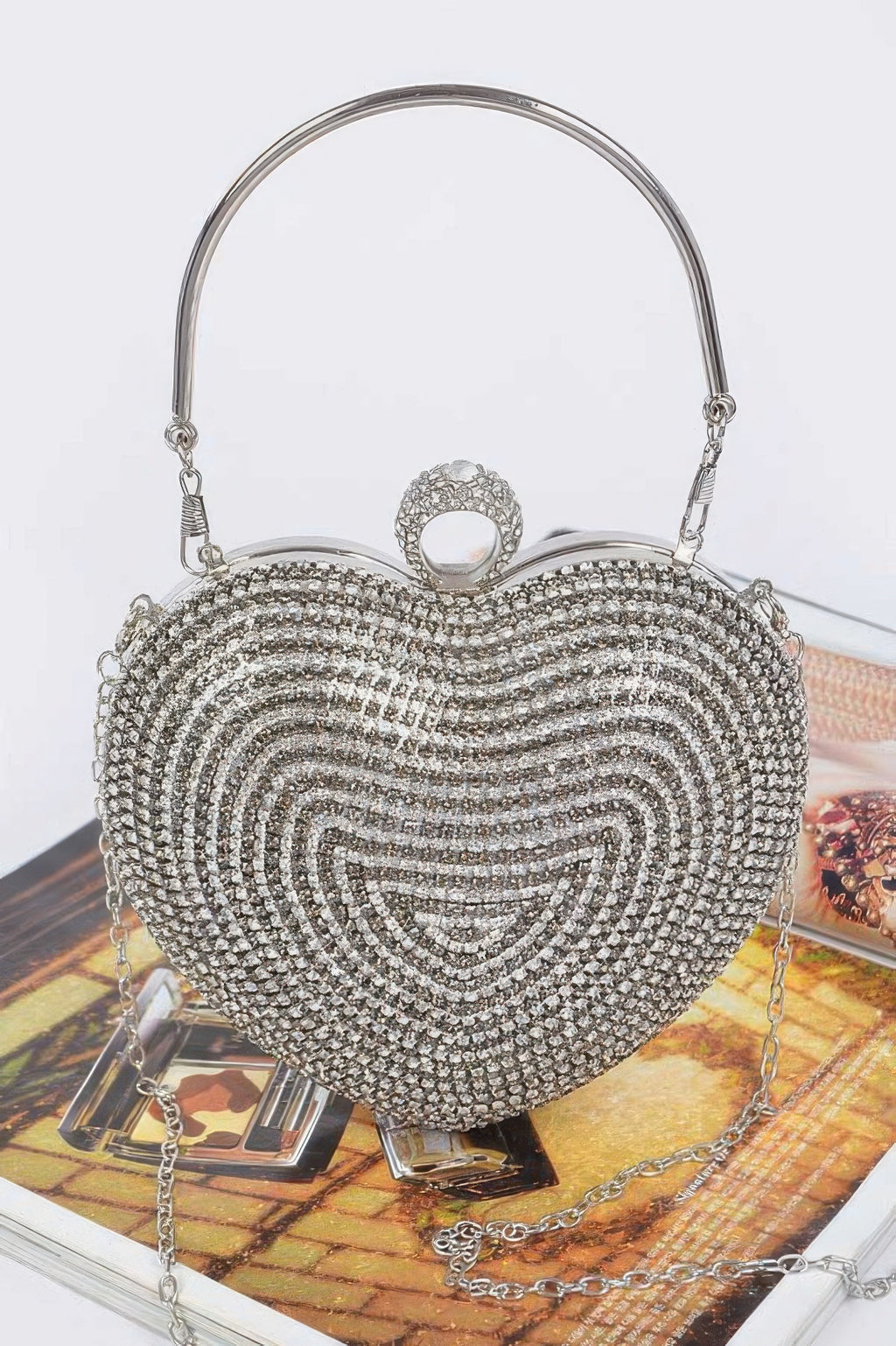 Rhinestone Heart-Shaped Party Clutch Bag