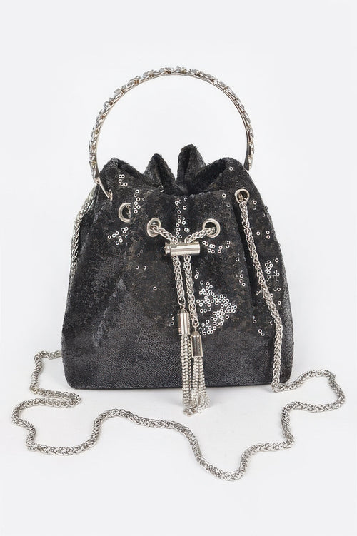 Sequined Bucket Bag with Stone-Embellished Handle