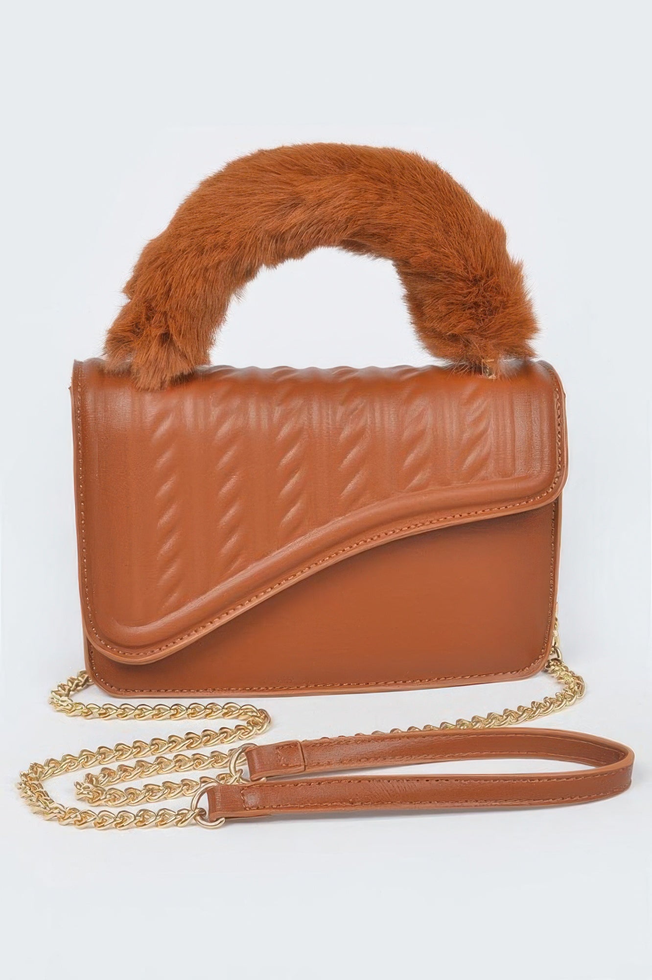 Furry Handle Textured Flap Bag