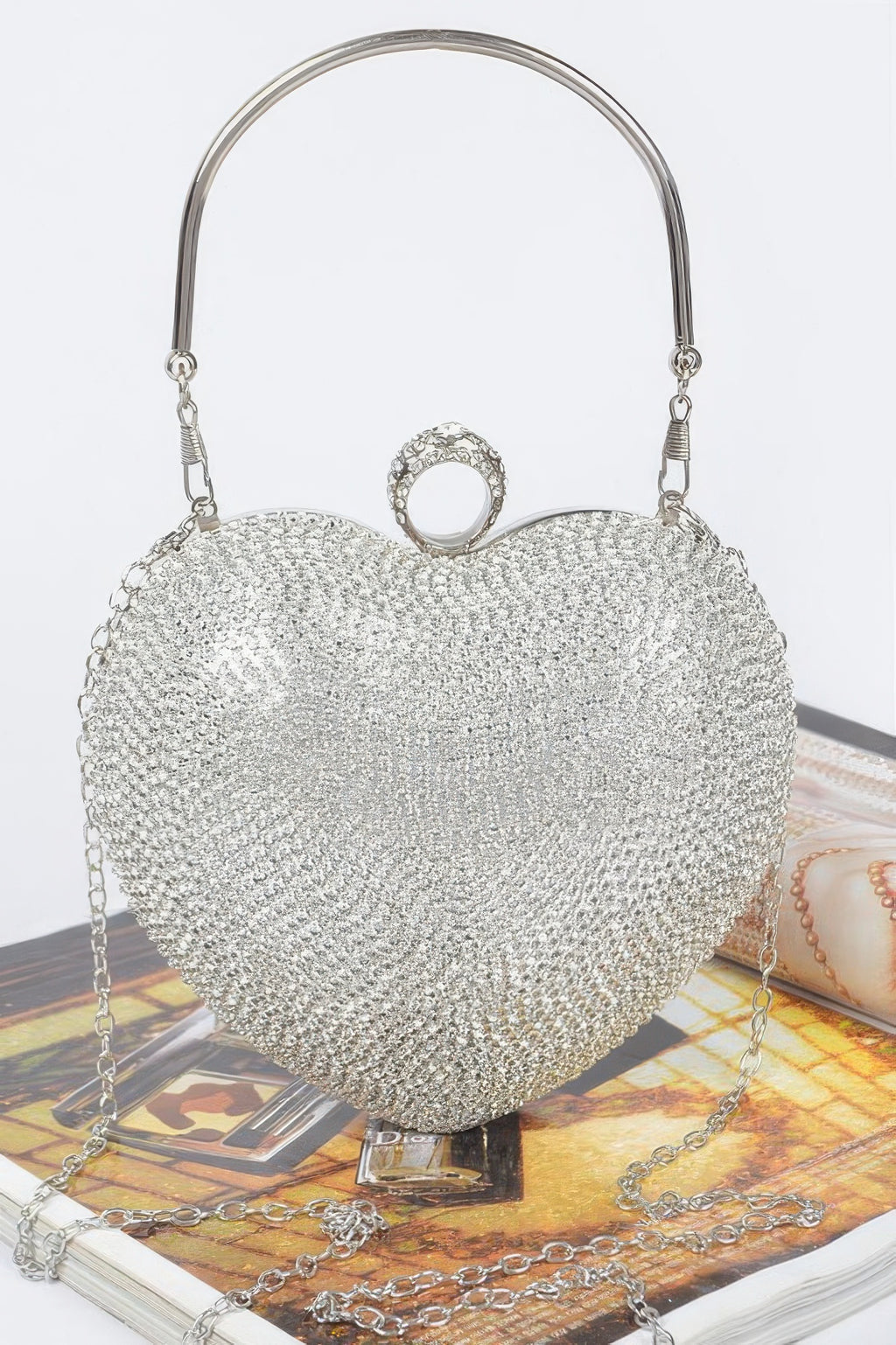 HD ACCESSORIES Rhinestone Heart-Shaped Party Clutch Bag Chain Strap Crossbody