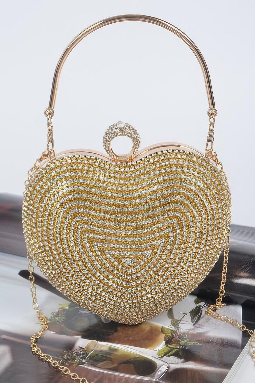 HD ACCESSORIES Rhinestone Heart-Shaped Party Clutch Bag Chain Strap Crossbody