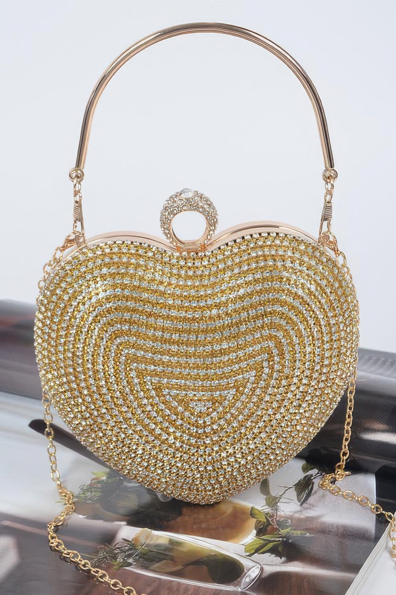 HD ACCESSORIES Rhinestone Heart-Shaped Party Clutch Bag Chain Strap Crossbody