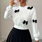 Weißes Sweatshirt Schleife Schwarz Rüschen Stehkragen Langarm Lässiges Mode Lockeres Oberteil