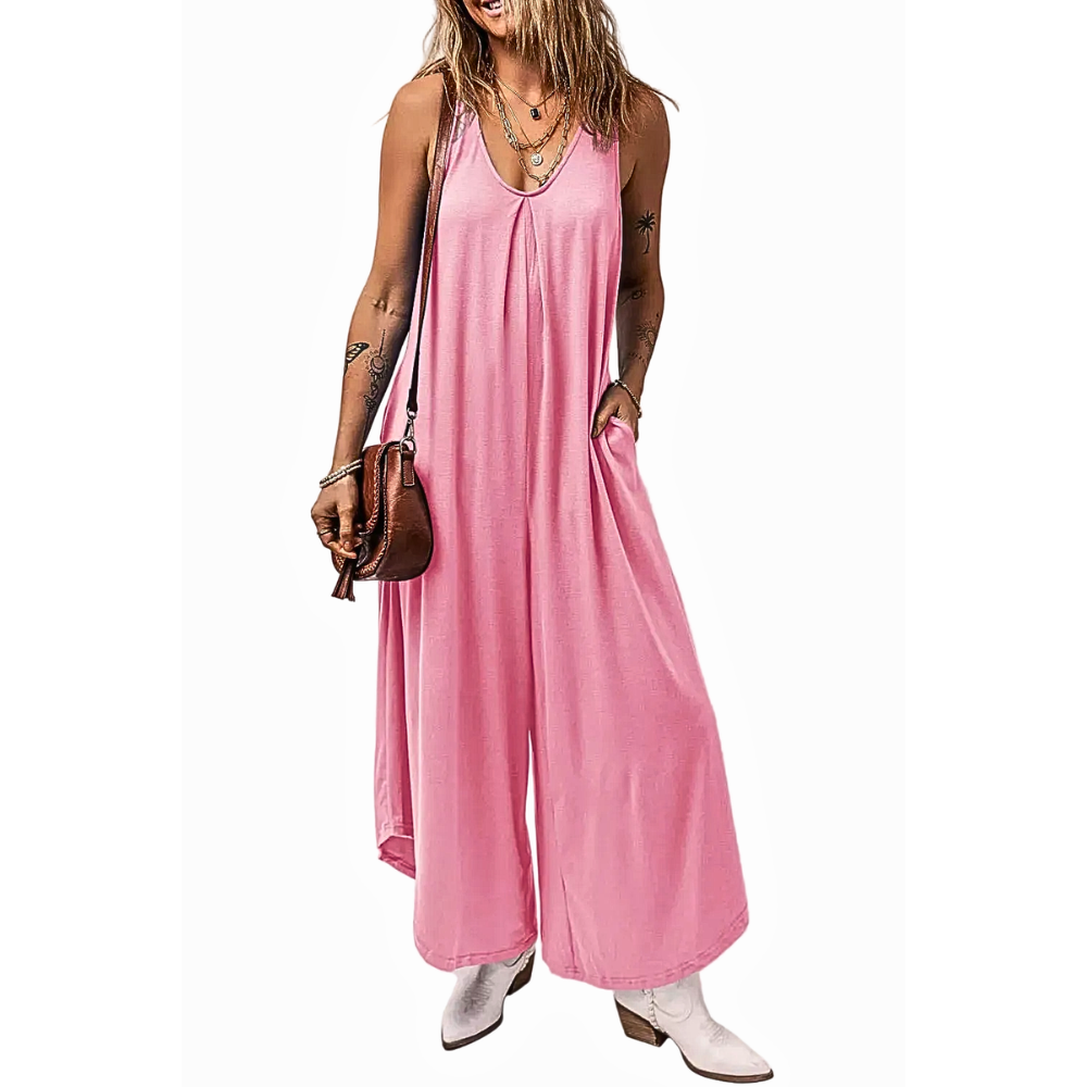 Wide Leg Jumpsuit Oversized Sleeveless V-Neck Stylish Loose Romper with Pockets