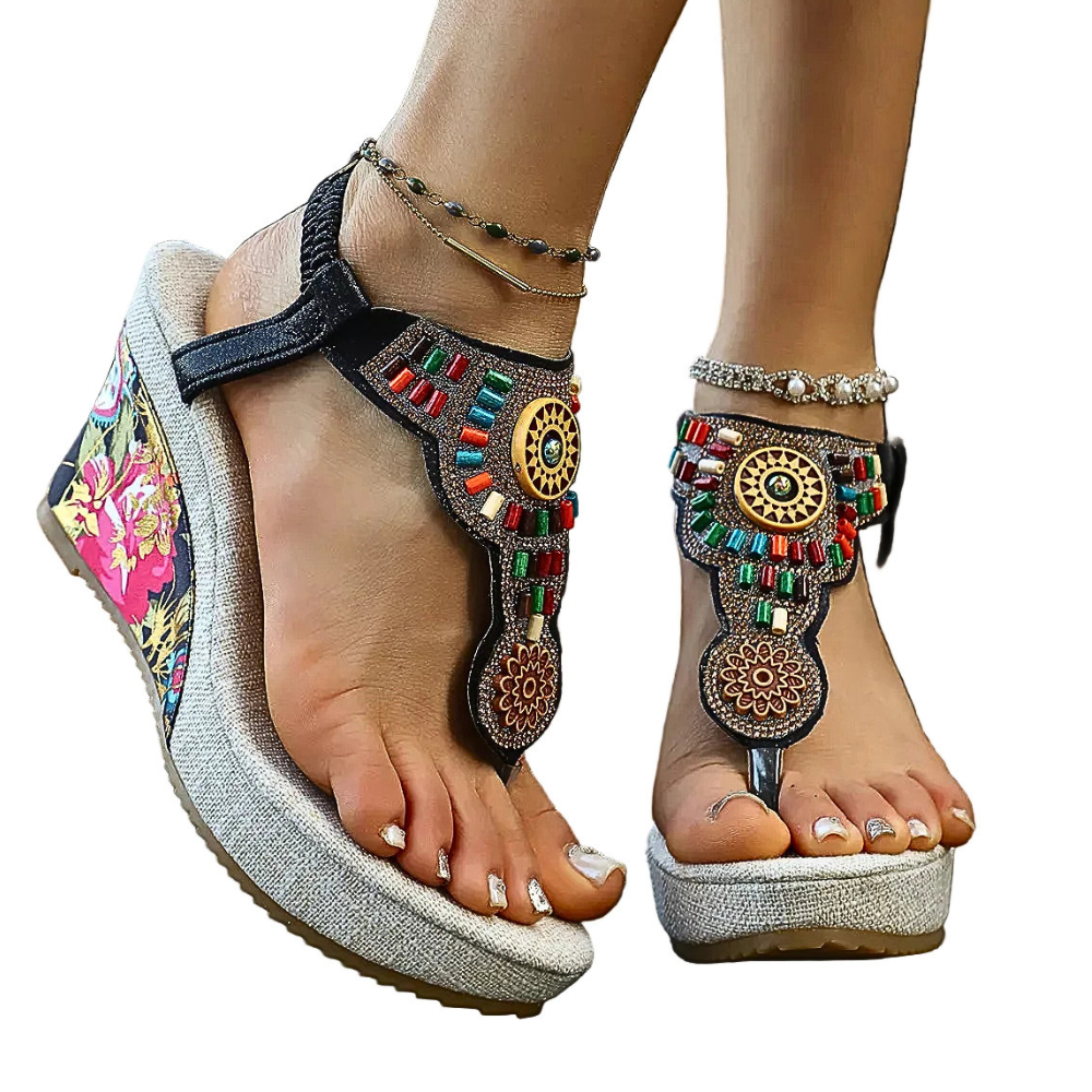 Women's Boho Wedge Sandals Toe Post Floral Colorful Beaded Platform Shoes
