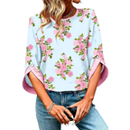 Women's Casual Blouse Pastel Blue Floral Pink 3/4 Sleeve Cotton Loose Top