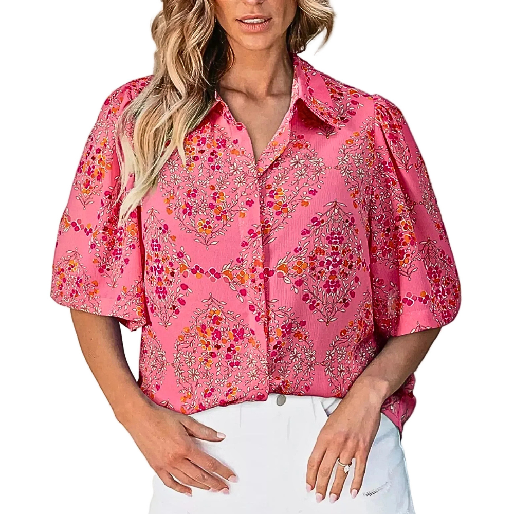Women's Casual Floral Shirt Button-up Short Sleeve Burnt Coral Blouse Top