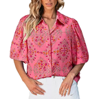 Women's Casual Floral Shirt Button-up Short Sleeve Burnt Coral Blouse Top