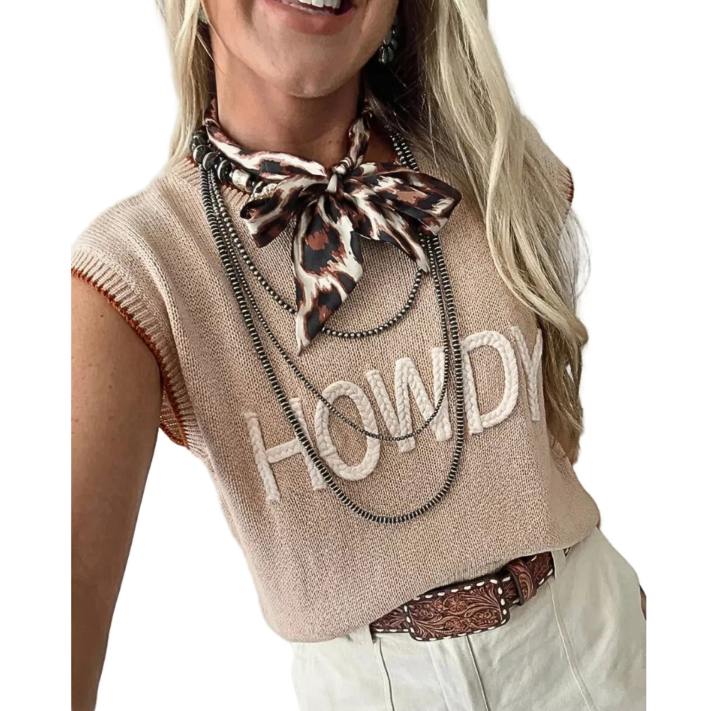 Women's Casual Knit Top HOWDY Western Embroidered Tank Sleeveless Blouse