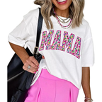 Women's White T-shirt Floral Mama Print Casual Short Sleeve Top Plus Sizes