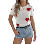 Women's Casual Lightweight Knit Top Red Heart Short Sleeve Rib Round Neck