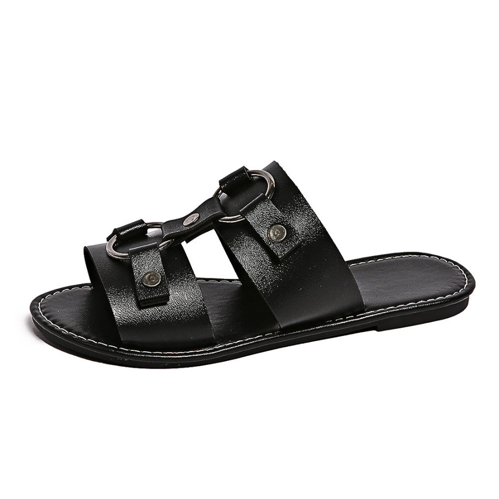 Women's Casual Sandals Buckled Pu Leather Slide Sandals Summer Flats