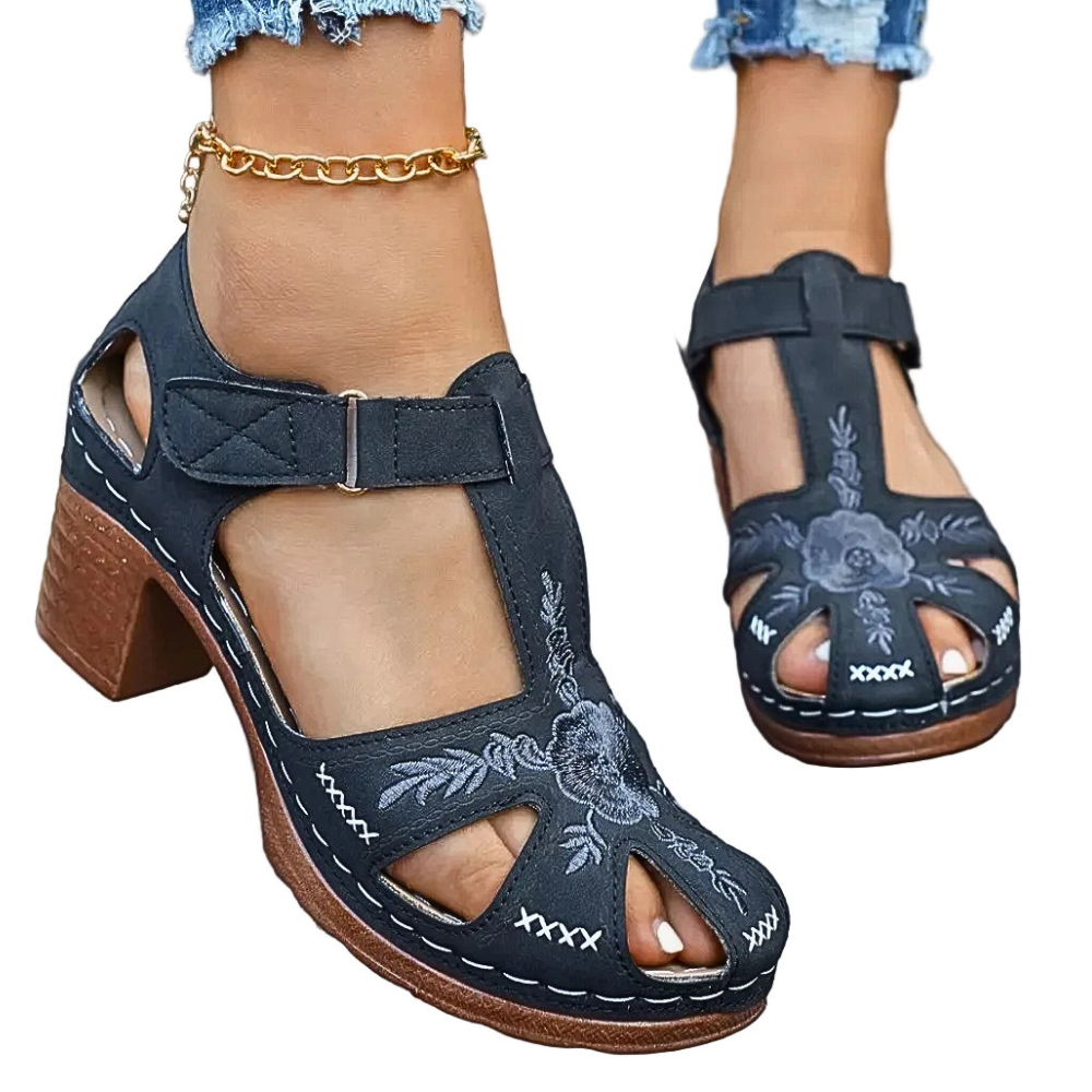 Women's Casual Sandals Floral Embroidered Cutout Block Low Heels Platforms