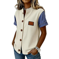 Women's Casual Shirt Blouse Ribbed Knit Button-Down Denim Short Sleeve Top