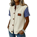 Women's Casual Shirt Blouse Ribbed Knit Button-Down Denim Short Sleeve Top