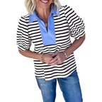 Women's Casual Stripe Blouse Blue Contrast Collar Neck Short Puff Sleeve Top