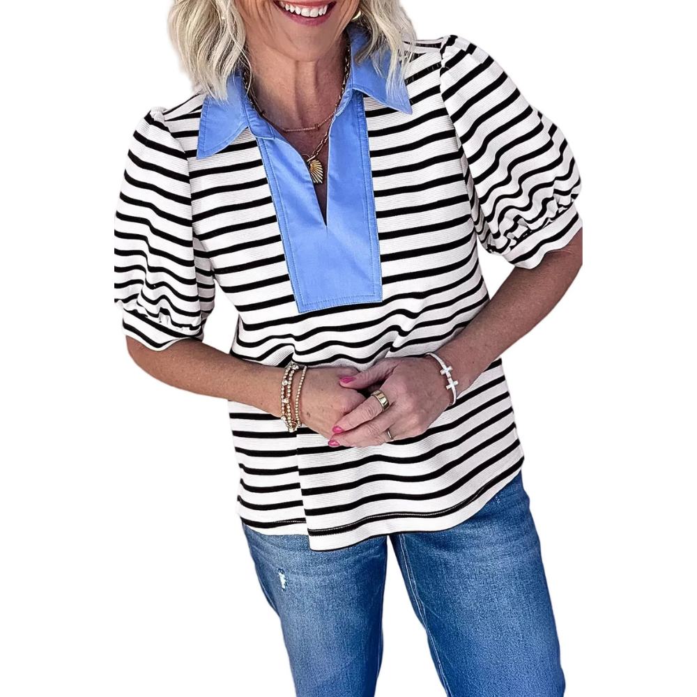 Women's Casual Stripe Blouse Blue Contrast Collar Neck Short Puff Sleeve Top