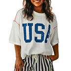 Women's Casual T-shirt USA Print Half-Sleeve Loose Ribbed White Oversized Top