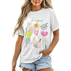 Women's Casual T-shirt White Summer Graphic Round Neck Short Sleeve Blouse