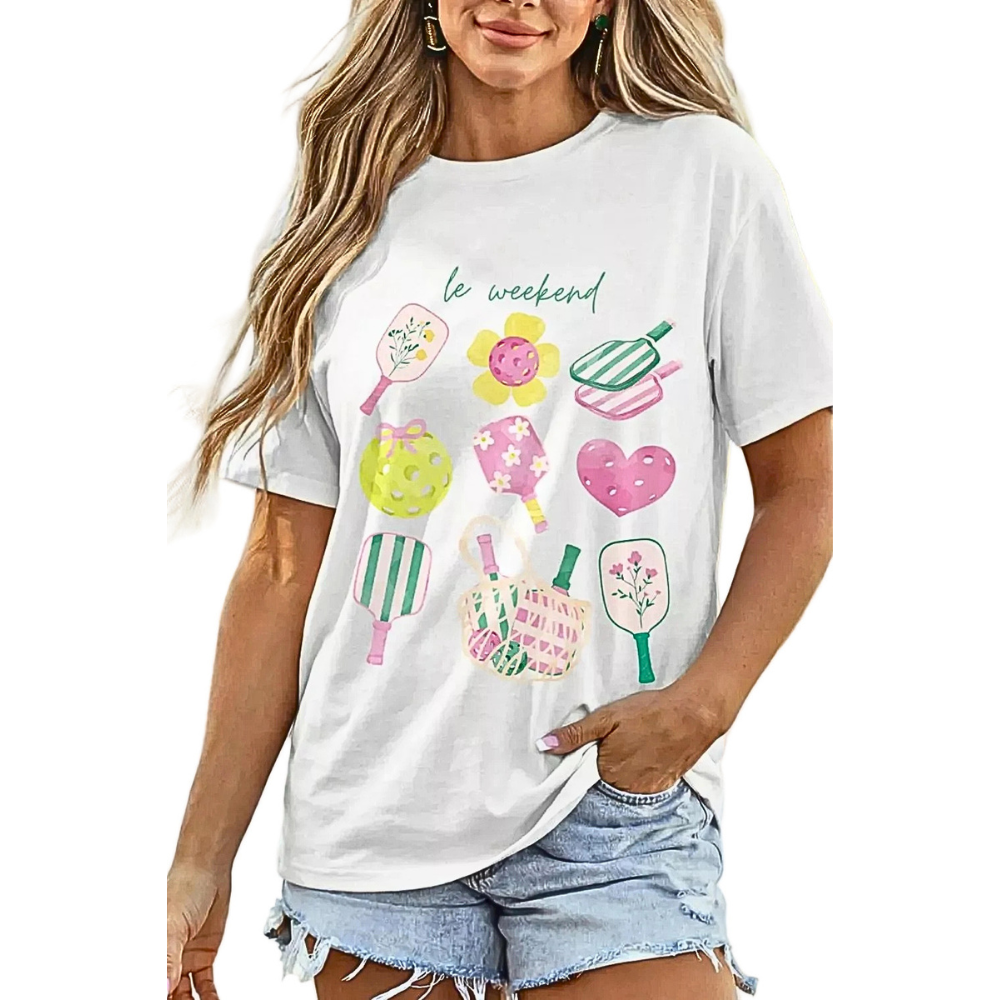 Women's Casual T-shirt White Summer Graphic Round Neck Short Sleeve Blouse