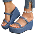 Women's Denim Wedge Sandals with Clear Straps High Heels Platform Shoes