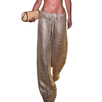 Women's Fashion Wide Leg Pants Gold Woven Drawstring Mid Waist Trousers