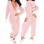 Women's Fleece Jumpsuit Hooded Zip V-Neck Open Back Snap Long Sleeve Overall
