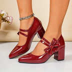 Women's Heels Pumps Bow Strap Point Toe Block Mid Heel Close Toe Shoes