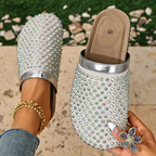 Women's Rhinestone Beaded Slipper Flats Slip-On Sandals Rubber Shoes