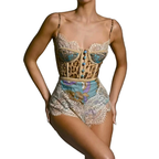 Women's Romper Floral Lace Leopard Mix Vintage Style Strappy Buttoned Bodysuit