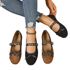 Women's Slip-Ons Round Toe Bow Rivet Strap Soft Fabric Ballerinas Flats Shoes