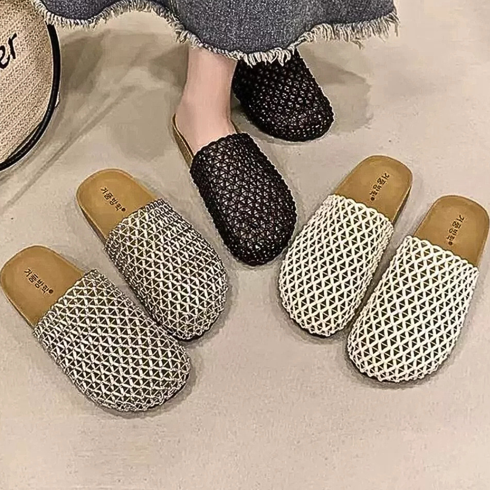 Women's Slip-on Sandals Woven Mesh Breathable Slipper Beach Flat Shoes