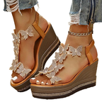 Women's Wedge Sandals Butterfly Rhinestone Mid Heels Open Toe Shoes