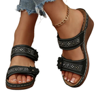 Women's Wedge Sandals Open Toe Floral Boho Studed Pu Leather Mid Heel Shoes