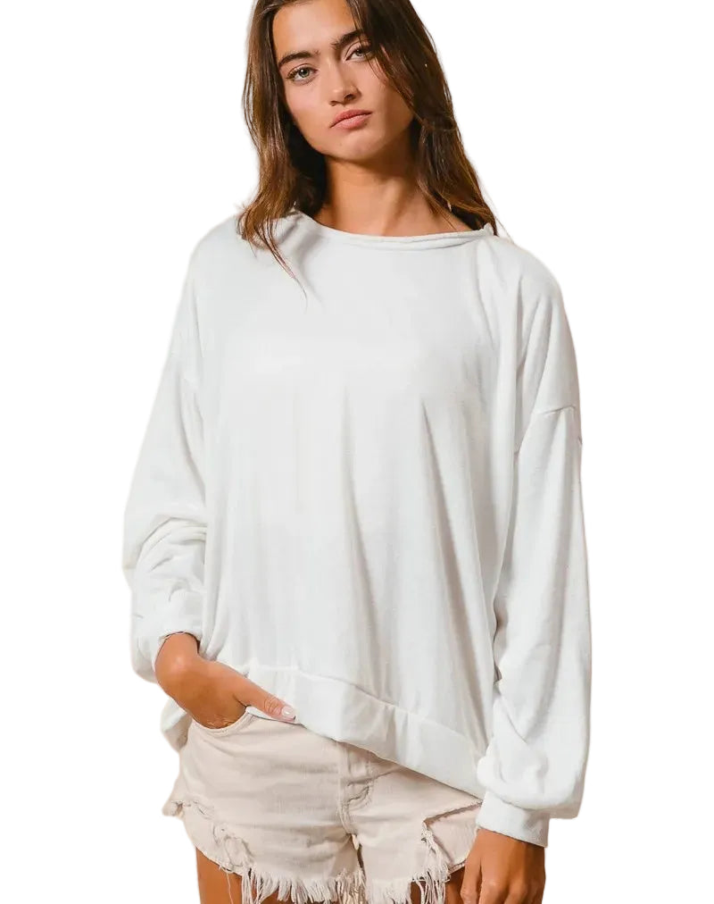 Women’s BiBi Ivory Pullover Loop Terry w/ Cut Edge Band – Casual Knit Sweatshirt S-L - Styleinger