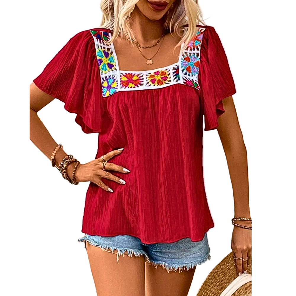 Women's Blouse Floral Chrochet Embroidered Square Neck Ruffle Short Sleeve Top