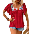 Women's Blouse Floral Chrochet Embroidered Square Neck Ruffle Short Sleeve Top