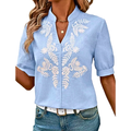 Women's Blouse Floral Embroidered V-Neck Notched Split Short Sleeve Summer Top