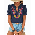 Women's Blouse Floral Embroidered V-Neck Puff Short Sleeve Ruffle Boho Summer Top