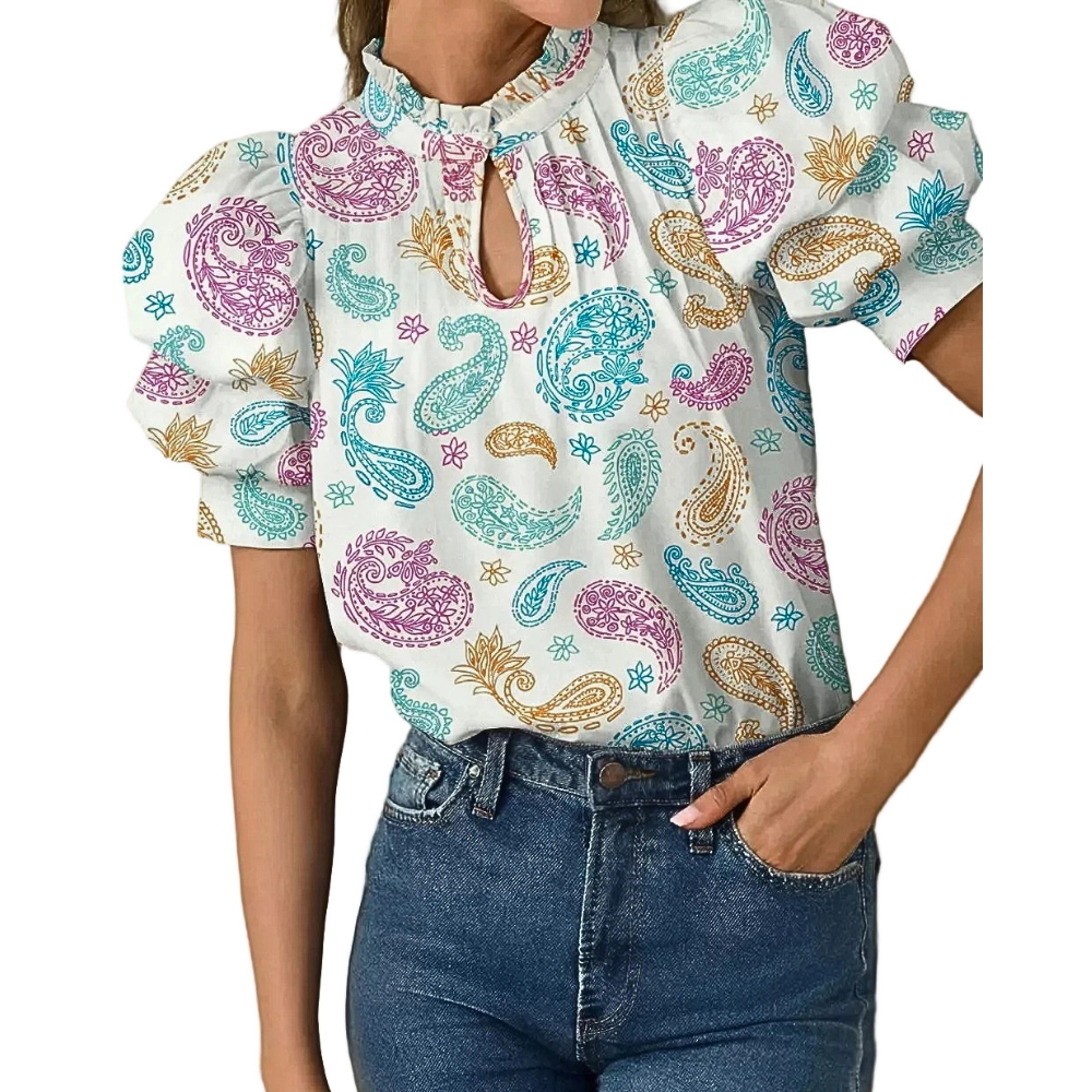 Women's Blouse Paisley Colorful Print Button Keyhole Neck Puff Sleeve Ruffle Top