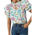 Women's Blouse Paisley Colorful Print Button Keyhole Neck Puff Sleeve Ruffle Top