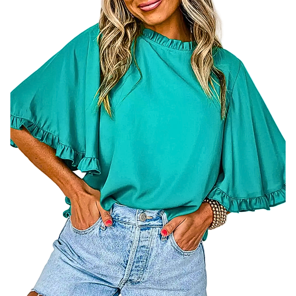 Women's Blouse Ruffle Trim Oversized Half Dolman Sleeve Loose Casual Top