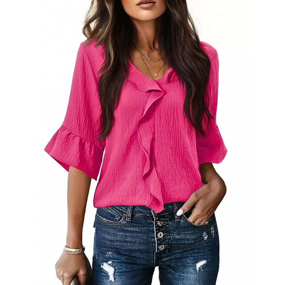 Women's Blouse Ruffle V-Neck Textured Short Sleeve Casual Elegant Solid Top