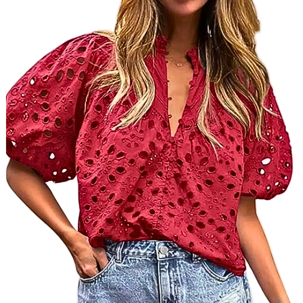 Women's Blouse V-Neck Eyelet Floral Embroidered Ballon Short Sleeve Casual Top