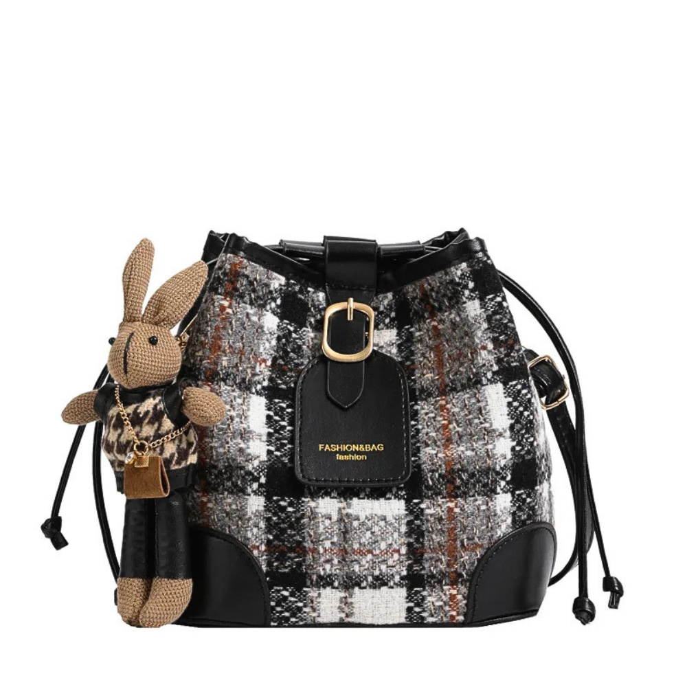 Women's Bucket Crossbody Bag Mini Drwastring Woven Plaid Pu leather Handbags