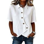Women's Casual Asymmetrical White Button-Up Shirt Short Sleeve Top S-3XL