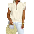 Women's Casual Blouse Zipped up Collared Ruffled Short Sleeve Cream Top