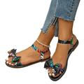 Women's Casual Flat Sandals Floral Bowknot Ankle Strap Low Heel Summer Shoes