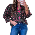 Women's Casual Floral Blouse Black V-Neck Stripe Trim 3/4 Ruffle Sleeve Top