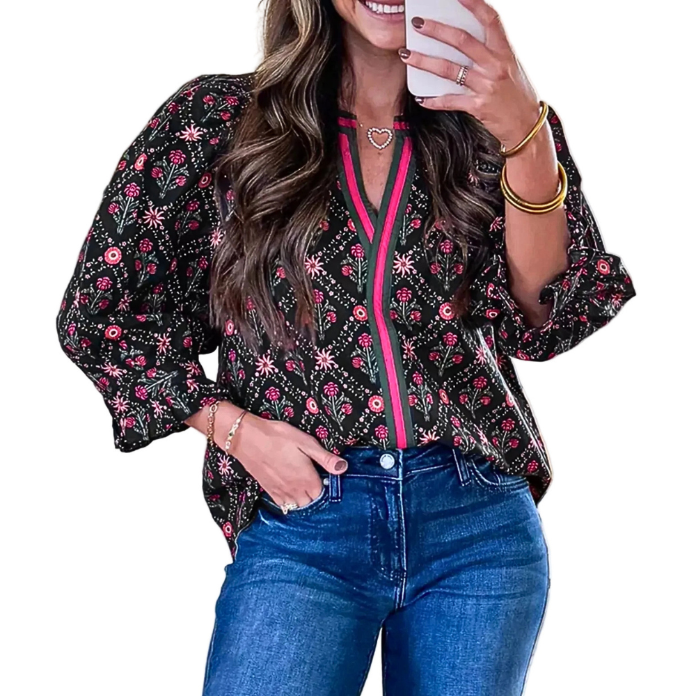 Women's Casual Floral Blouse Black V-Neck Stripe Trim 3/4 Ruffle Sleeve Top